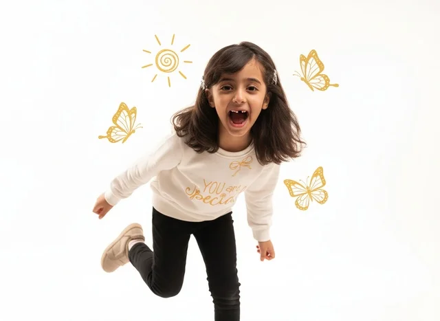 Playful Arab Girl with Butterfly Illustrations in Studio