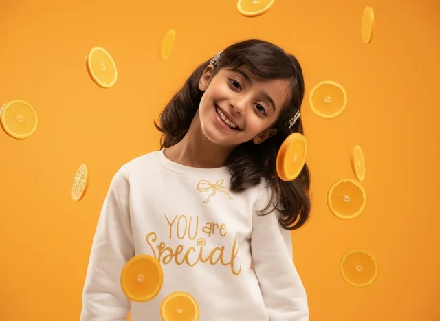 Saudi Girl with Floating Orange Slices Studio Shot