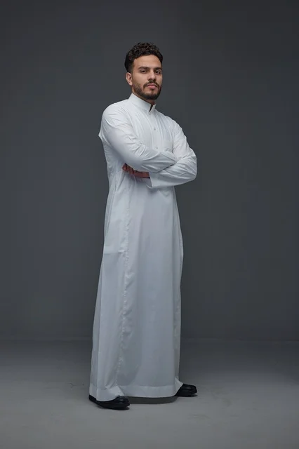 Saudi Man in White Thobe Studio Full Body Portrait