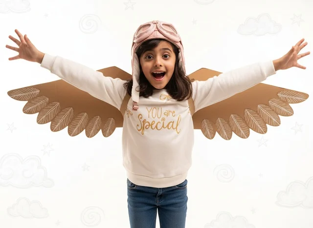A Saudi girl in a pilot outfit jumps with cardboard wings.