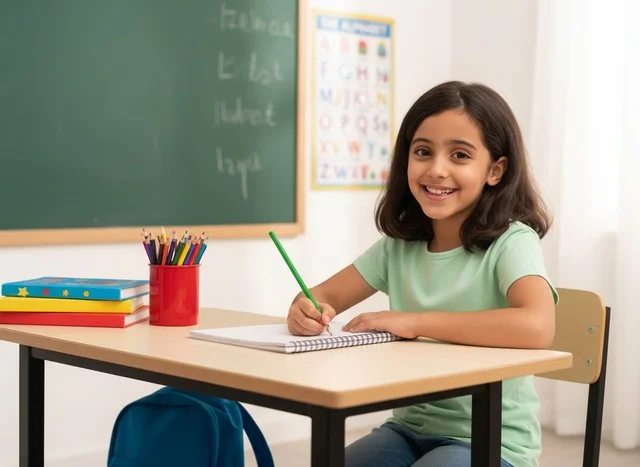 Arab Girl Writing in Classroom School Setting