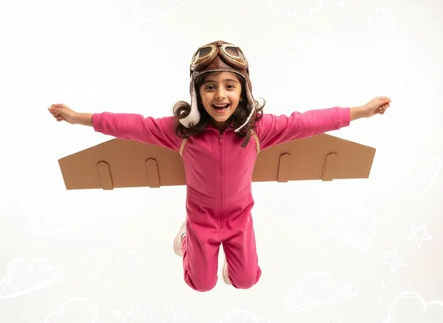 Young Saudi Girl in Pilot Costume Jumping with Wings