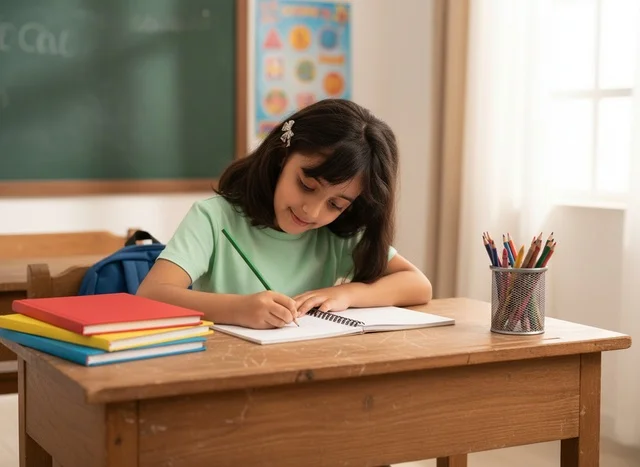 Arab Girl Student Writing at Classroom Desk