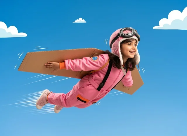 Arab Girl in Pink Pilot Suit with Cardboard Wings