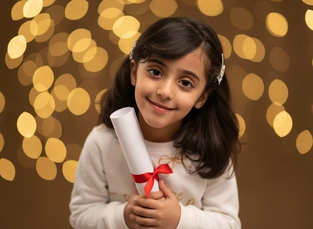 Saudi Girl Holding Graduation Certificate Bokeh Background