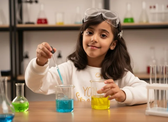 Saudi Girl Conducting Chemistry Experiment in Science Lab