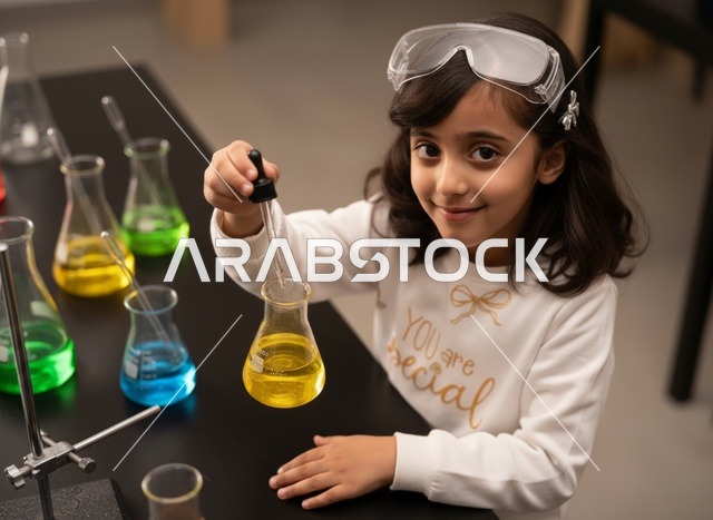 Saudi Girl Doing Science Experiment in Laboratory - Photo