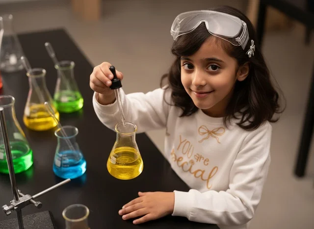 Saudi Girl Doing Science Experiment in Laboratory