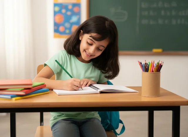 Saudi Girl Student Writing at Classroom Desk