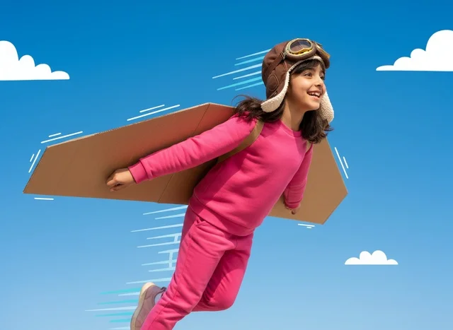 A Saudi girl in a pilot outfit jumps with cardboard wings.