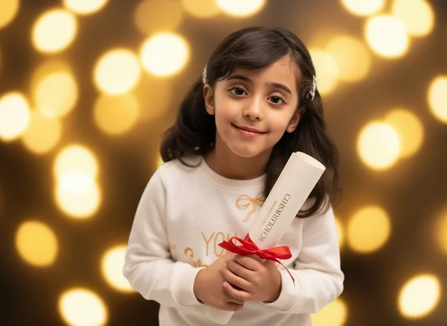 Saudi Girl Holding Scholarship Certificate with Golden Bokeh