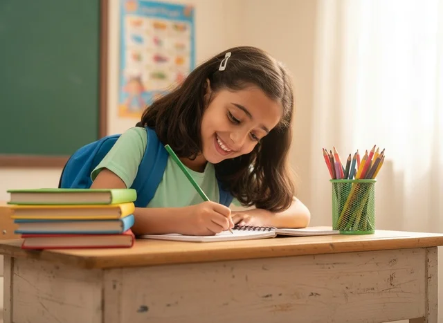 Arab Schoolgirl Writing at Classroom Desk