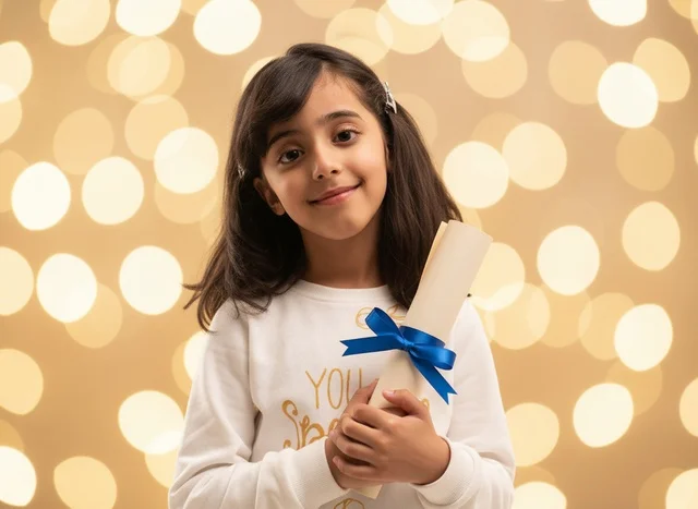 Saudi Girl Holding Graduation Diploma with Bokeh Lights