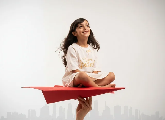Arab Girl on Red Paper Airplane Studio Shot