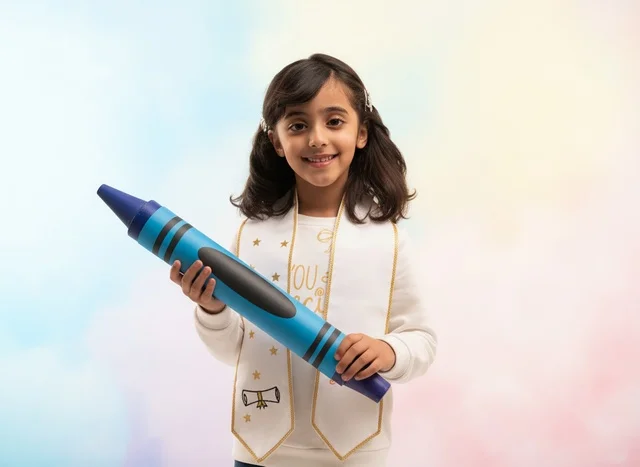 Saudi Girl wearing Graduation Stole Holding Large Blue Crayon