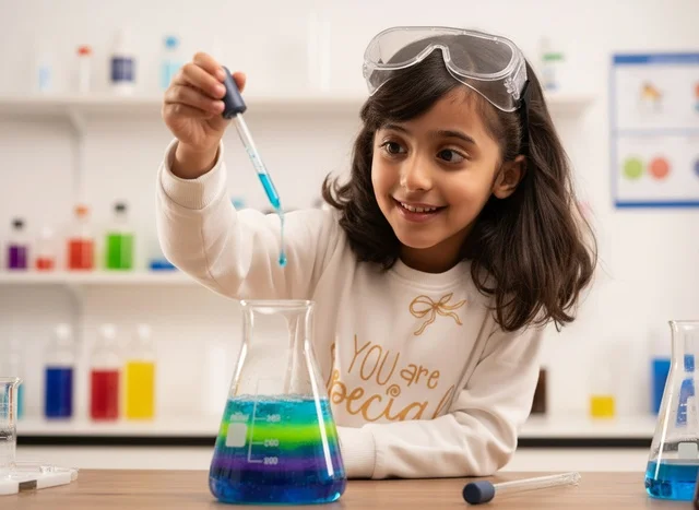 Saudi Girl Performing Science Experiment in Laboratory