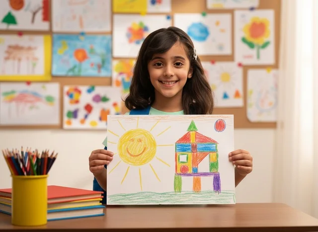 Young Arab Girl Holding Drawing in Classroom