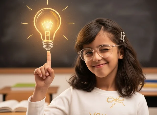 Arab Schoolgirl with Glowing Light Bulb Idea in Classroom