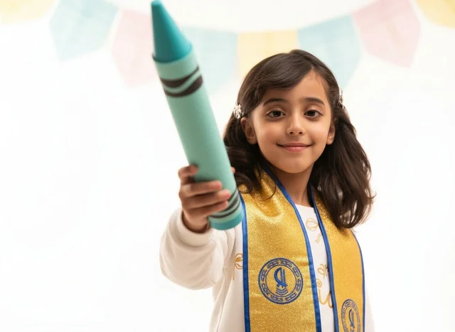 Saudi Girl in Graduation Sash Holding Large Crayon