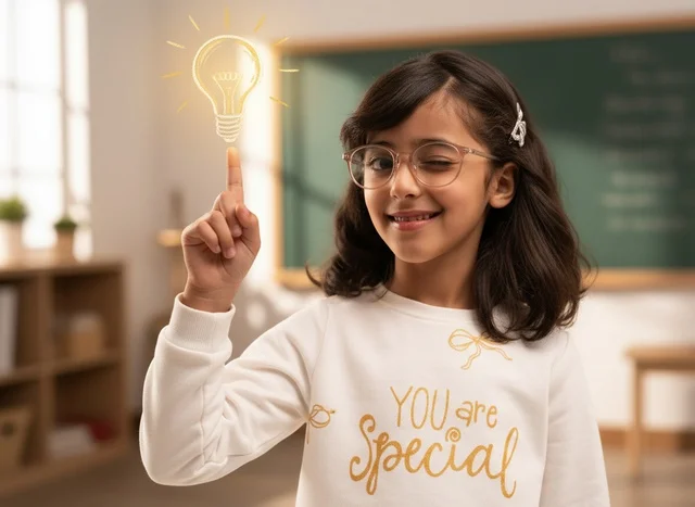 Saudi Girl in Classroom with Lightbulb Idea