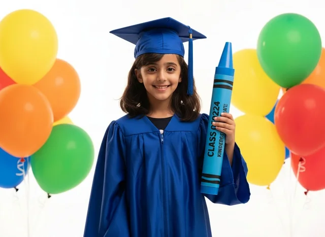A Saudi girl in a blue graduation gown with colorful balloons.