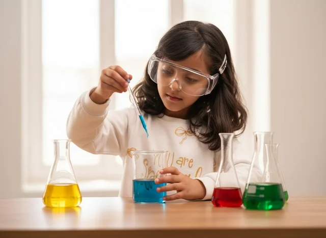 Saudi Girl Doing Chemistry Experiment with Beakers