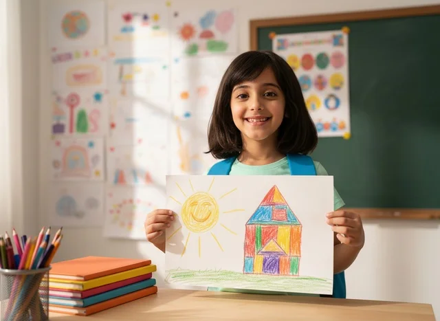 Young Saudi Girl Holding Drawing in Classroom