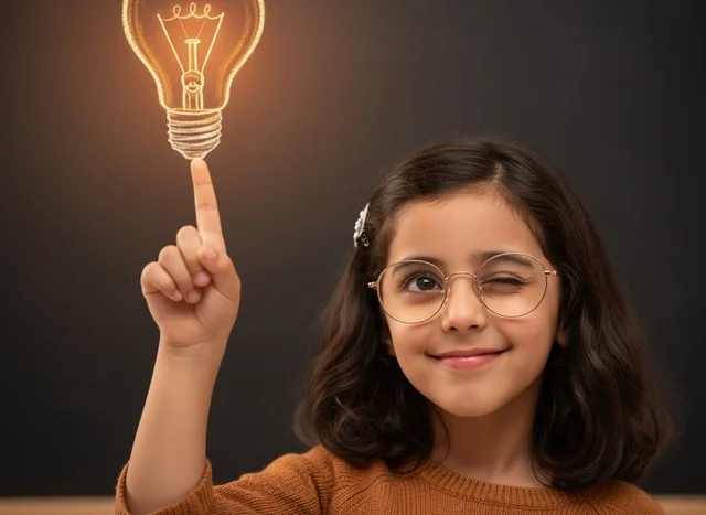 Arab Girl with Glasses Pointing at Idea Light Bulb