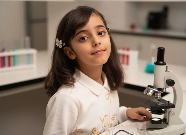 Young Saudi School Girl with Microscope in Science Lab