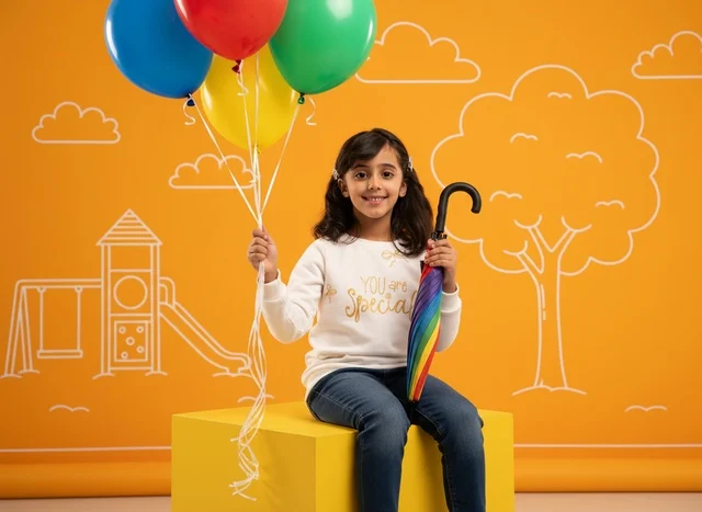 Saudi Girl Holding Colorful Balloons and Rainbow Umbrella