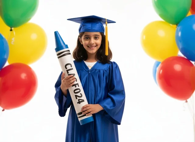 Saudi Girl in Blue Graduation Gown and Cap with Balloons