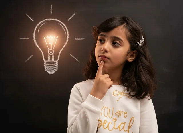 Saudi Girl Thinking with Light Bulb on Chalkboard