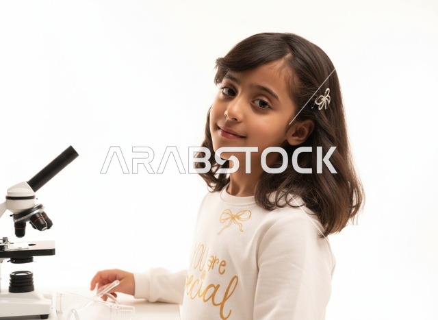 Young Saudi Student with Microscope in Studio Setting