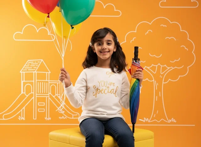 Saudi Girl with Colorful Balloons and Rainbow Umbrella