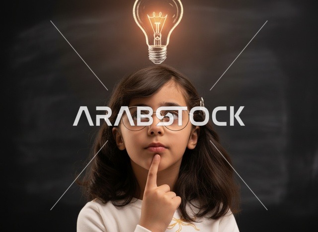 طفلة عربية تفكر مع فكرة المصباح المضيء