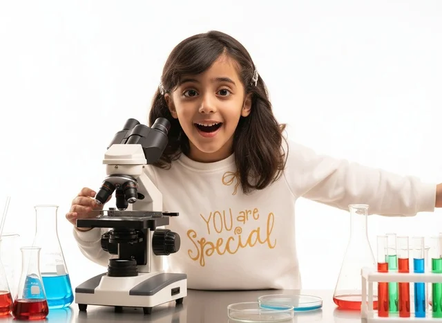 Young Saudi Girl in Science Lab with Microscope