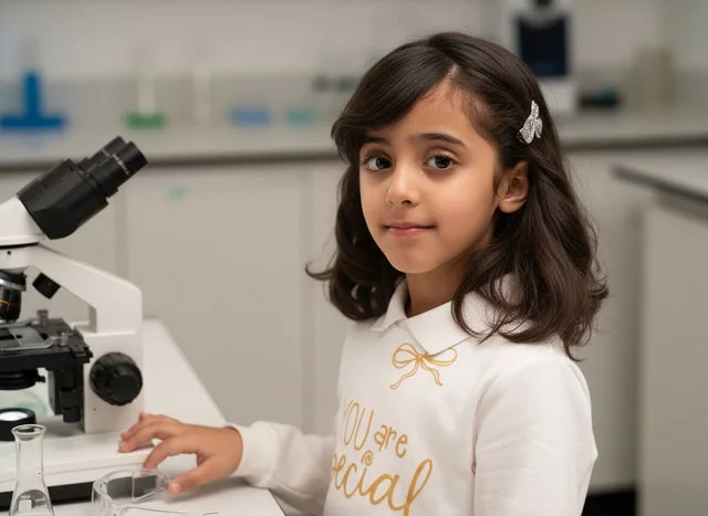 Young Arab Girl Student with Microscope in Science Lab