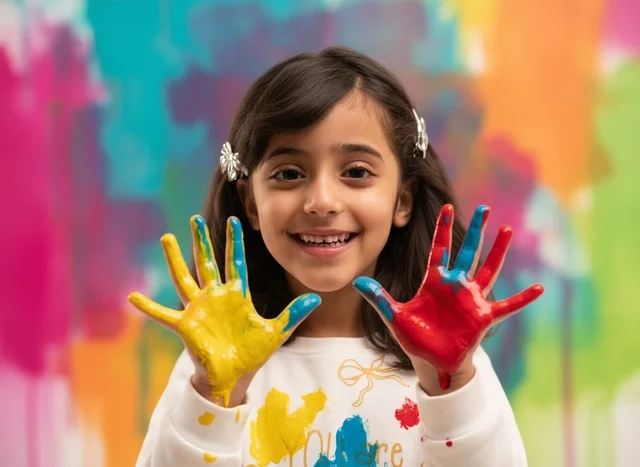 Saudi Girl Smiling with Painted Hands Art Activity Saudi Girl Smiling with Painted Hands Art Activity