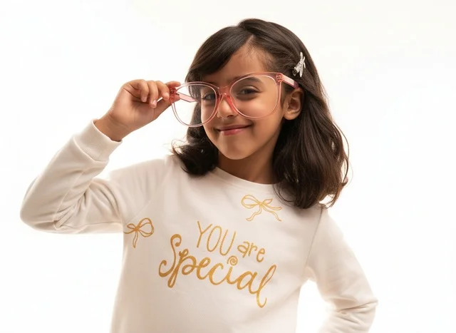 Saudi Girl Wearing Pink Glasses on White Background