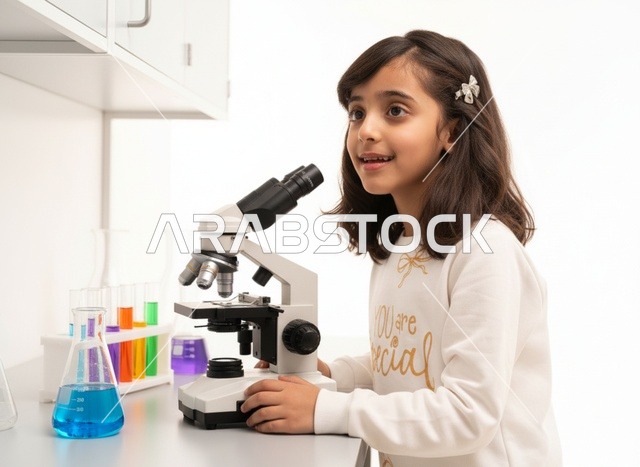 Saudi Girl Using Microscope in Science Laboratory