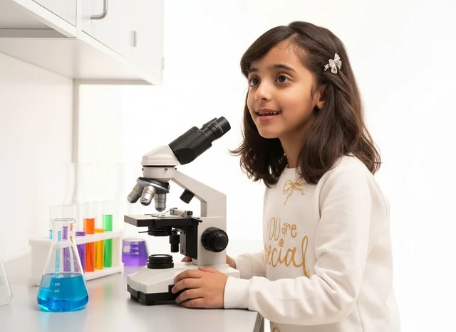 Saudi Girl Using Microscope in Science Laboratory