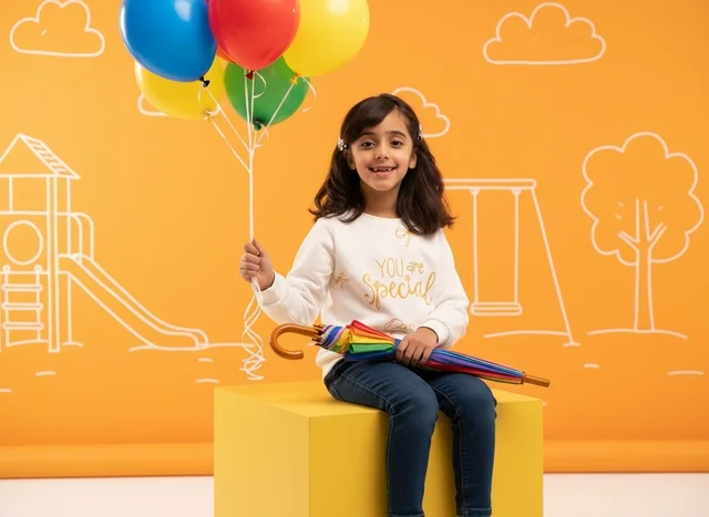 Saudi Girl with Colorful Balloons in Studio