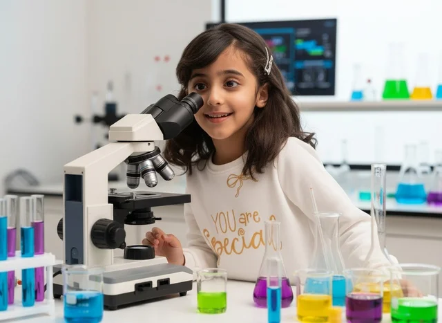 Saudi Girl in Science Lab with Microscope