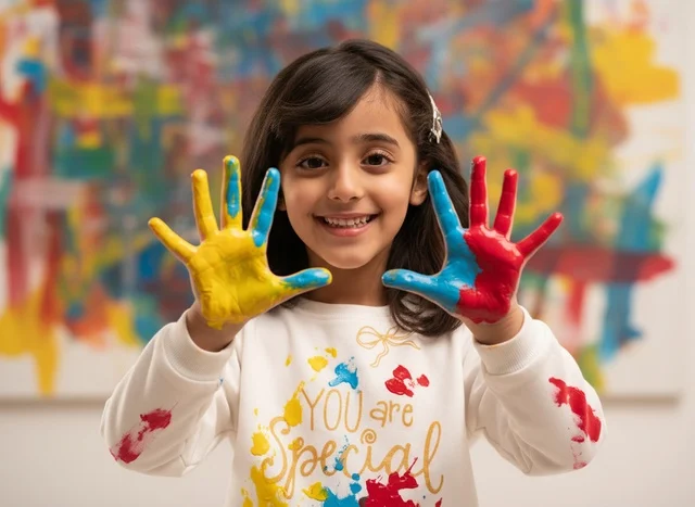 Arab Girl with Painted Hands Smiling Indoors