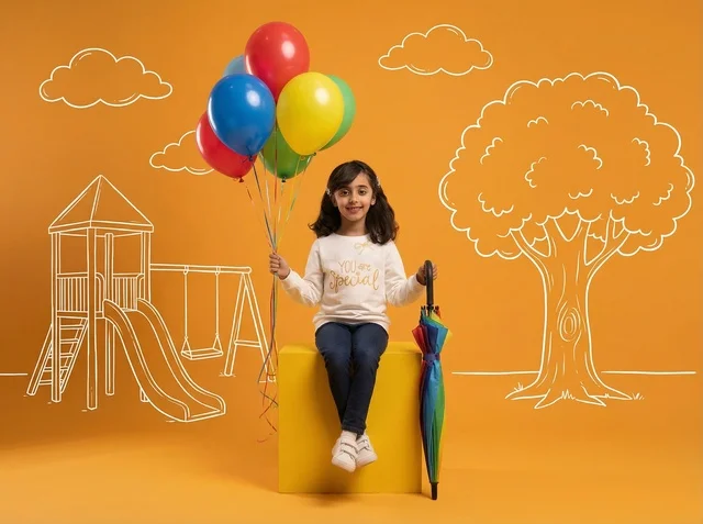 Saudi Girl with Balloons in Studio Playground