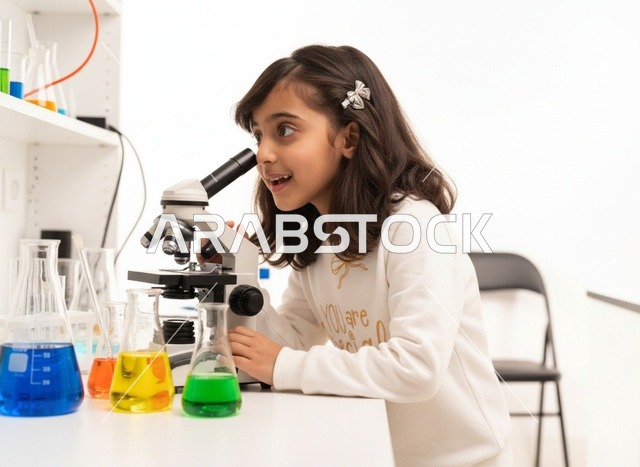 Arab Girl Student Using Microscope in Science Lab - Photo