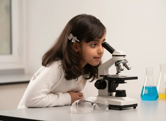 Arab Student Using Microscope in Science Laboratory