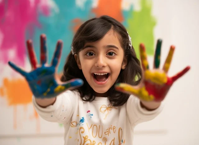 Saudi Girl with Painted Hands in Art Class