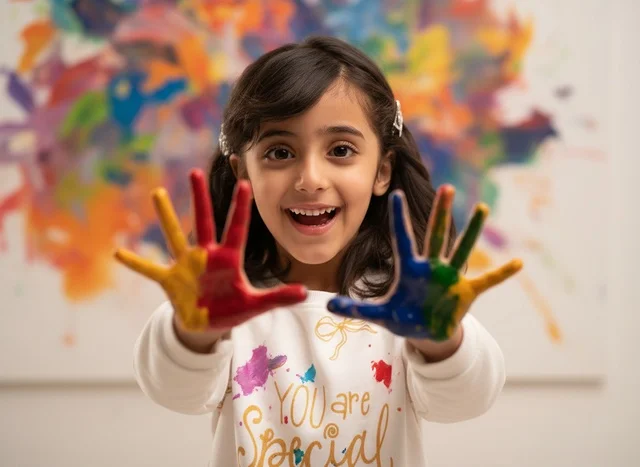 طفلة عربية تلون بيديها في المرسم الفني