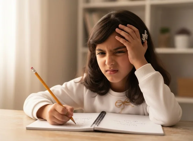An Arab girl studying at home with expressive features of concentration.